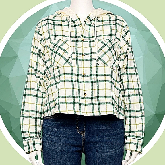 NWT Crop Button Up Shirt w Hood & Flap Button Box Pockets 2XL - Picture 2 of 16